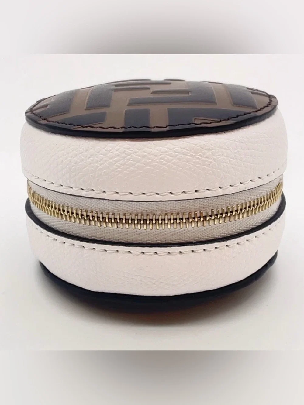 NEW Fendi White Leather Round Coin Case with Brown & Black FF Motif
